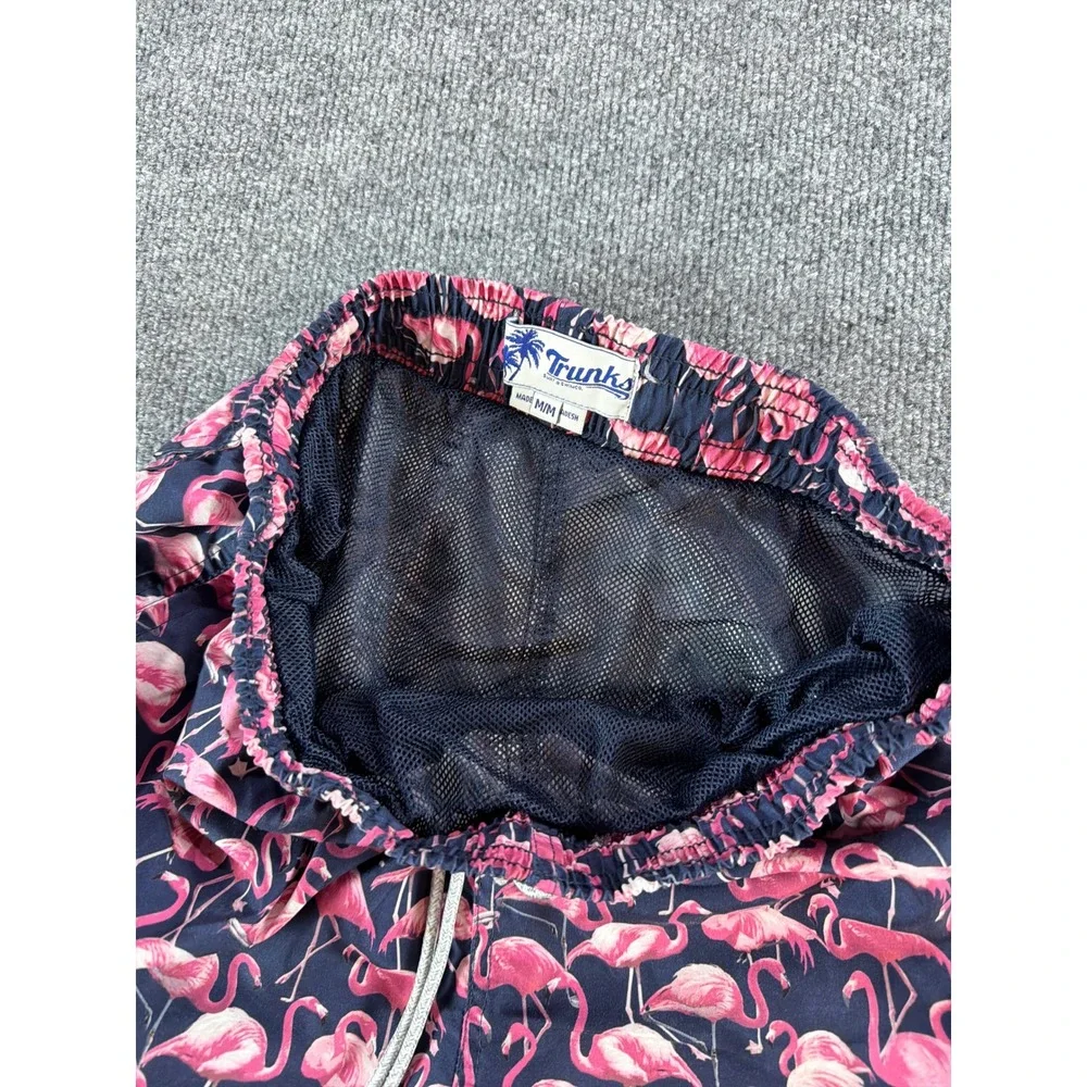 Trunks Surf & Swim Co‎ Mens Pink Flamingo Print Swim Trunks Navy Blue Medium 5in